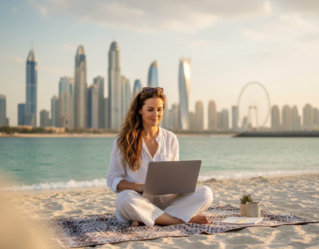 Liiana sitzt mit ihrem Laptop am Strand von Dubai.